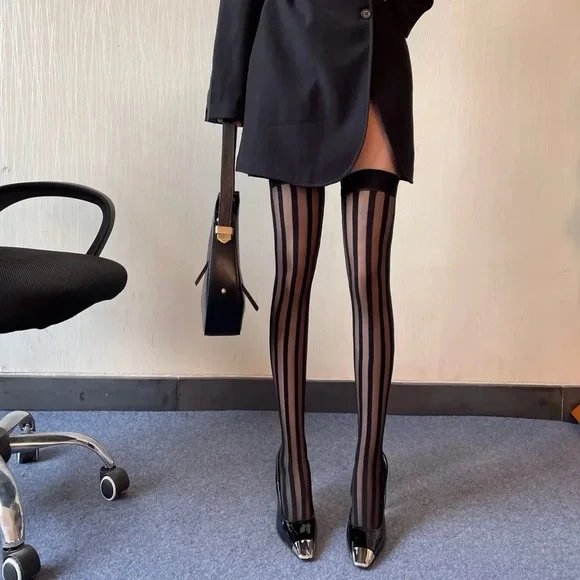 Vertical Stripe Thigh High Stockings - Picture 3 of 4